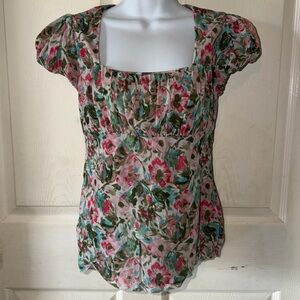LOFT Pink and Green Floral Square-Neck Blouse